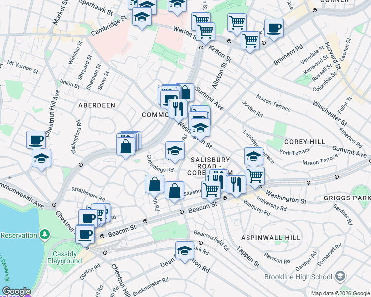 map of restaurants, bars, coffee shops, grocery stores, and more near 19 Mount Hood Road in Boston