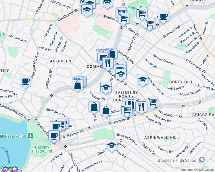 map of restaurants, bars, coffee shops, grocery stores, and more near 19 Mount Hood Road in Boston