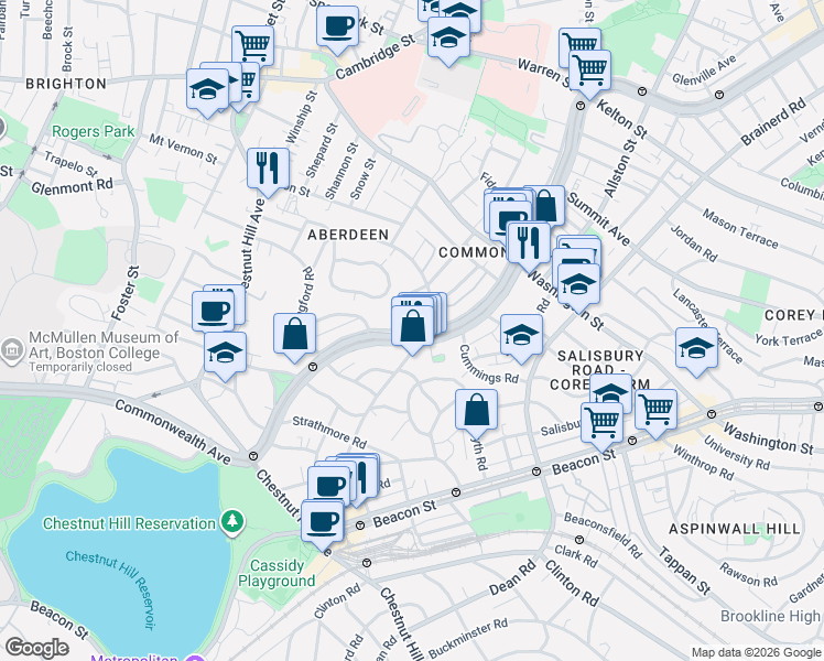 map of restaurants, bars, coffee shops, grocery stores, and more near 1691 Commonwealth Avenue in Boston