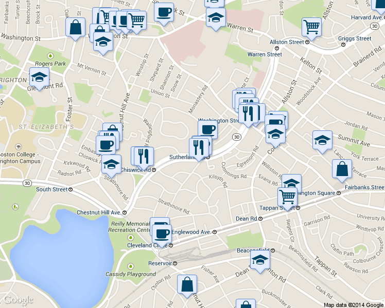 map of restaurants, bars, coffee shops, grocery stores, and more near 1713-1715 Commonwealth Avenue in Boston