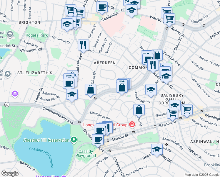 map of restaurants, bars, coffee shops, grocery stores, and more near 1713-1715 Commonwealth Avenue in Boston