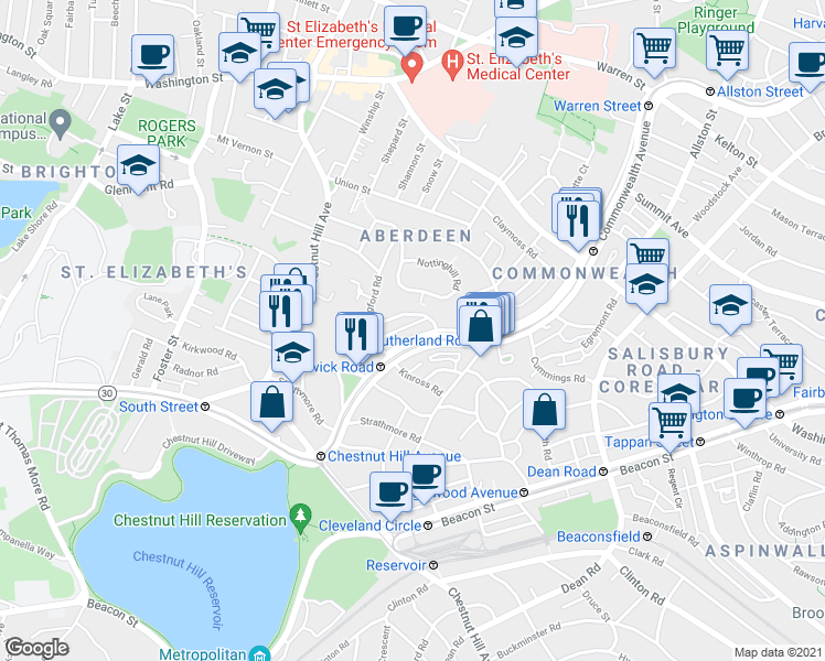 map of restaurants, bars, coffee shops, grocery stores, and more near 14 Leamington Road in Boston