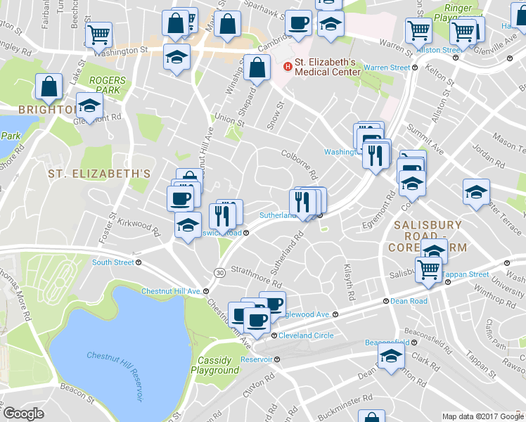 map of restaurants, bars, coffee shops, grocery stores, and more near 14 Leamington Road in Boston
