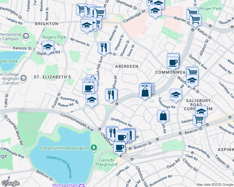 map of restaurants, bars, coffee shops, grocery stores, and more near 59 Leamington Road in Boston
