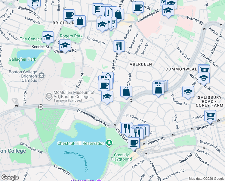 map of restaurants, bars, coffee shops, grocery stores, and more near 150 Chestnut Hill Avenue in Boston