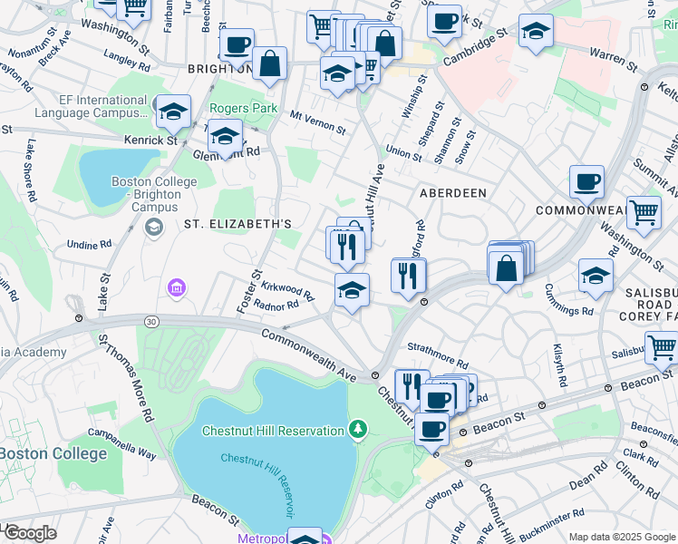 map of restaurants, bars, coffee shops, grocery stores, and more near 25 Embassy Road in Boston