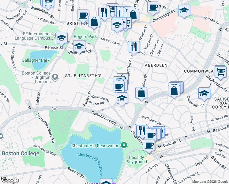 map of restaurants, bars, coffee shops, grocery stores, and more near 25 Embassy Road in Boston