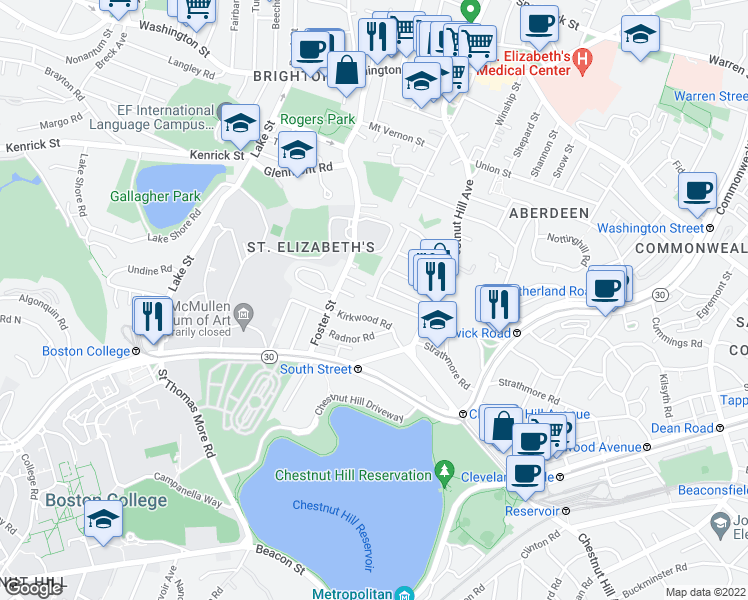map of restaurants, bars, coffee shops, grocery stores, and more near 201 Chiswick Road in Boston
