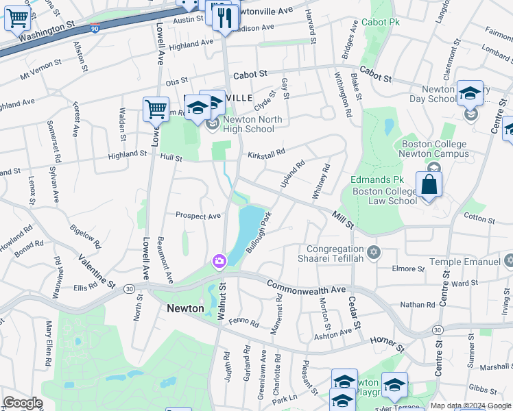 map of restaurants, bars, coffee shops, grocery stores, and more near 96 Dexter Road in Newton