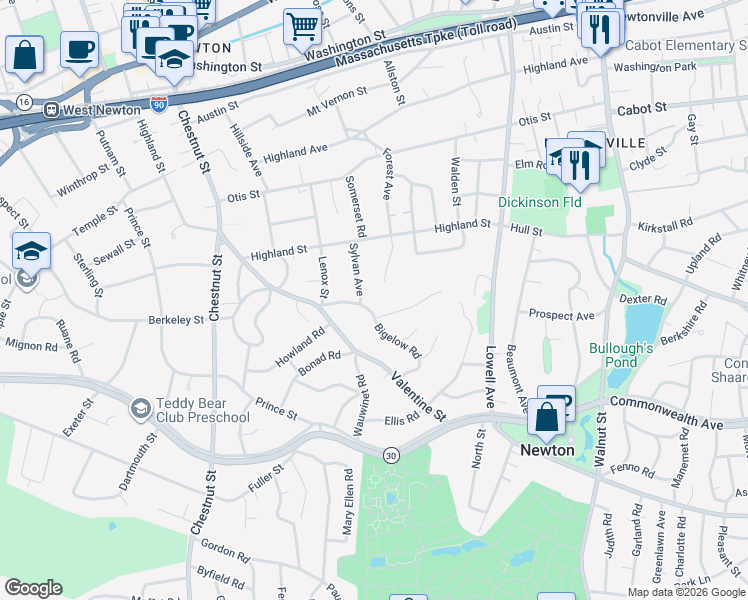 map of restaurants, bars, coffee shops, grocery stores, and more near 44 Sylvan Avenue in Newton