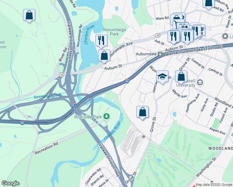 map of restaurants, bars, coffee shops, grocery stores, and more near 132 Charles Street in Newton