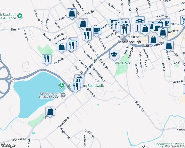 map of restaurants, bars, coffee shops, grocery stores, and more near 16 Crescent Street in Marlborough