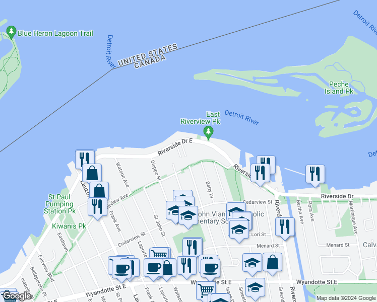 map of restaurants, bars, coffee shops, grocery stores, and more near 8575 Riverside Drive East in Windsor