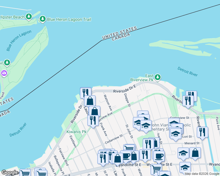map of restaurants, bars, coffee shops, grocery stores, and more near 8280 Riverside Drive East in Windsor