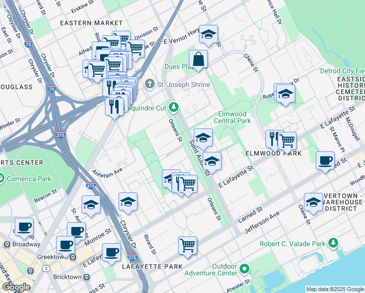 map of restaurants, bars, coffee shops, grocery stores, and more near 1575 Cherboneau Place in Detroit
