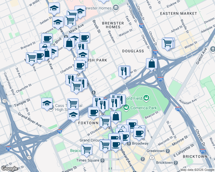 map of restaurants, bars, coffee shops, grocery stores, and more near 123 Winder Street in Detroit