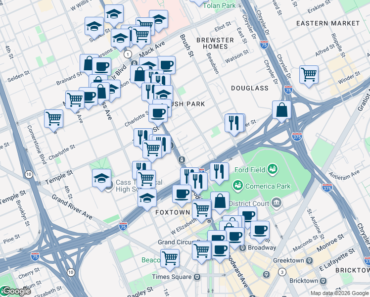 map of restaurants, bars, coffee shops, grocery stores, and more near 34 Adelaide Street in Detroit