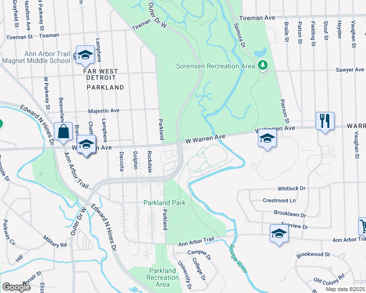 map of restaurants, bars, coffee shops, grocery stores, and more near 21655 West Warren Street in Dearborn Heights