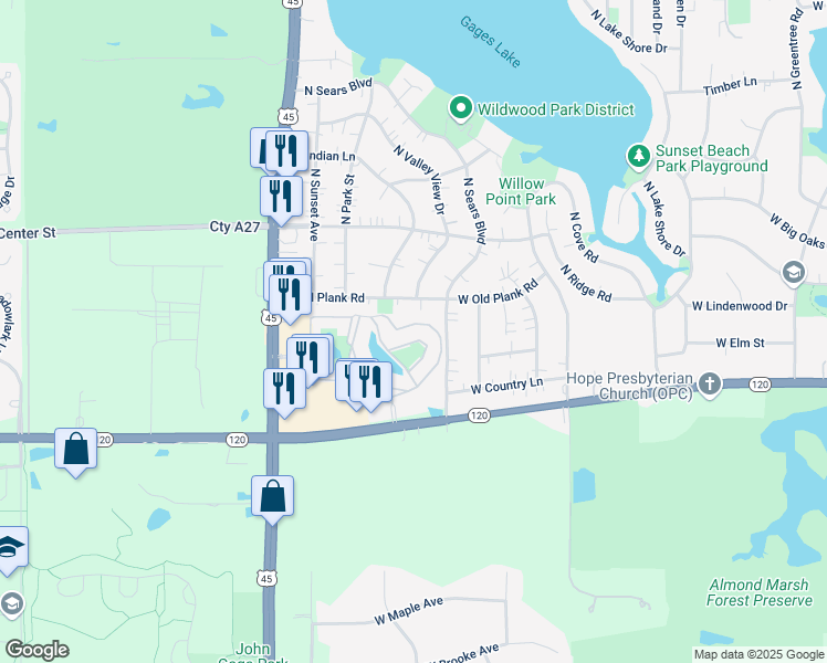 map of restaurants, bars, coffee shops, grocery stores, and more near 1915 Country Drive in Grayslake