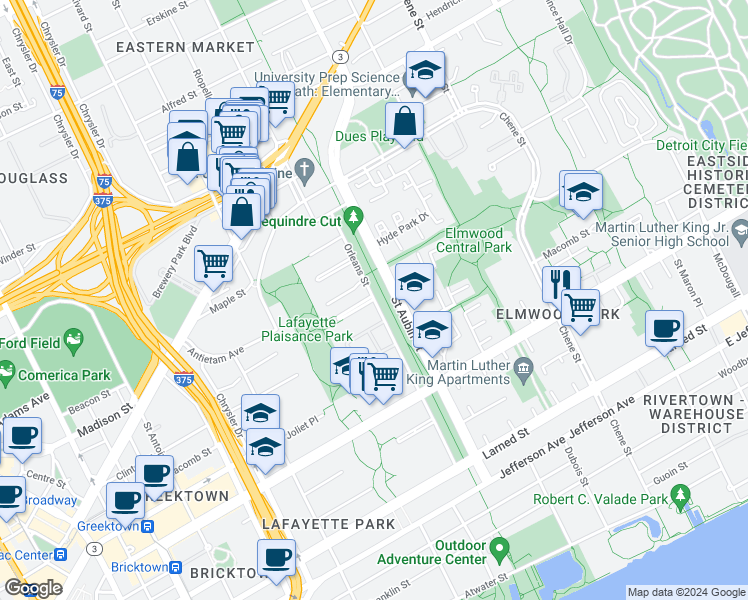 map of restaurants, bars, coffee shops, grocery stores, and more near Orleans St & Cherboneau Pl in Detroit