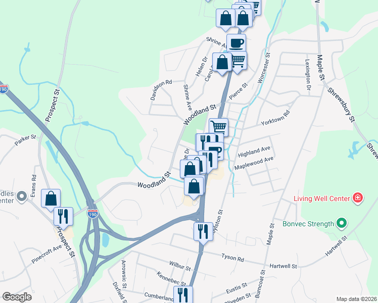 map of restaurants, bars, coffee shops, grocery stores, and more near 1 Alpine Drive in West Boylston
