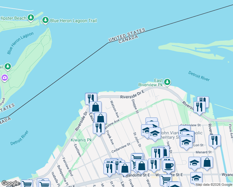 map of restaurants, bars, coffee shops, grocery stores, and more near 8280 Riverside Drive East in Windsor