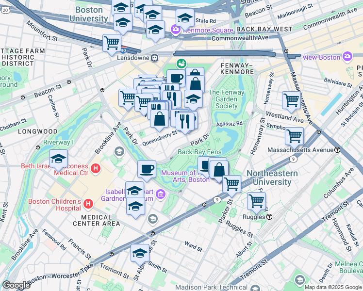 map of restaurants, bars, coffee shops, grocery stores, and more near 111 Park Drive in Boston