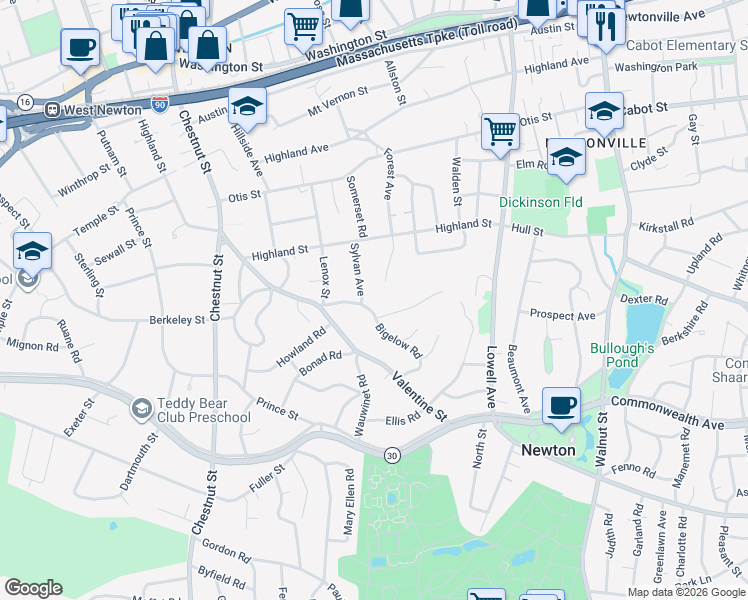 map of restaurants, bars, coffee shops, grocery stores, and more near 44 Sylvan Avenue in Newton