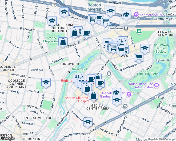 map of restaurants, bars, coffee shops, grocery stores, and more near 200 Riverway in Boston