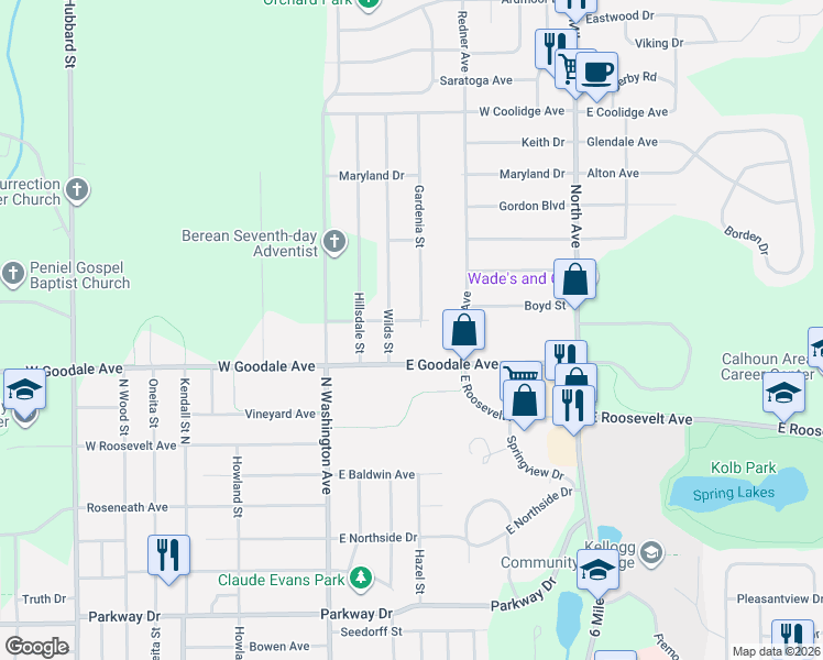 map of restaurants, bars, coffee shops, grocery stores, and more near 26 Gardenia Street in Battle Creek