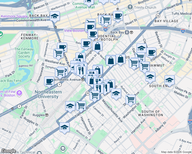 map of restaurants, bars, coffee shops, grocery stores, and more near 525 A Columbus Avenue in Boston