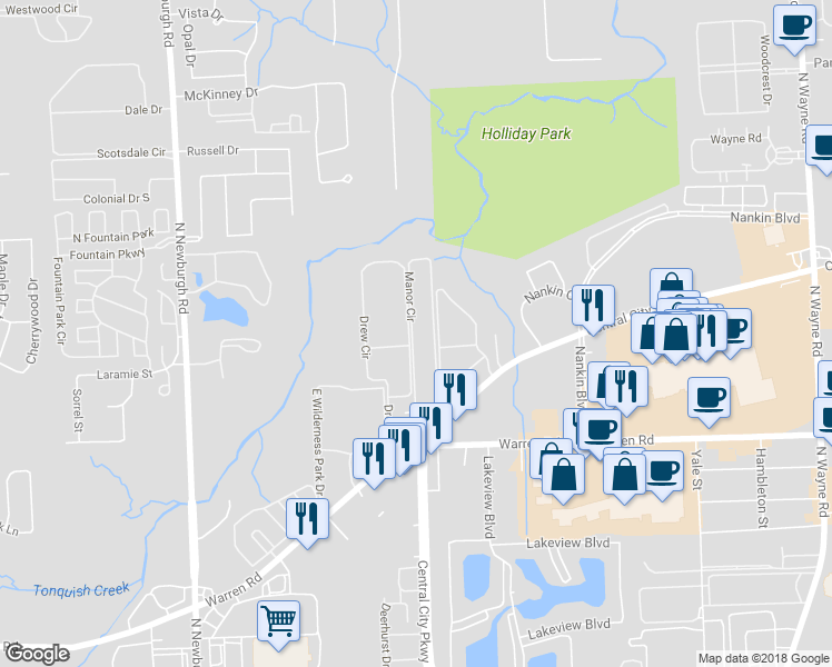 map of restaurants, bars, coffee shops, grocery stores, and more near 7362 Manor Circle in Westland