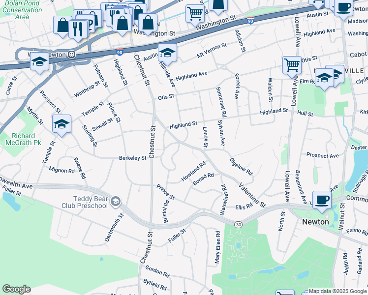 map of restaurants, bars, coffee shops, grocery stores, and more near 55 Valentine Street in Newton