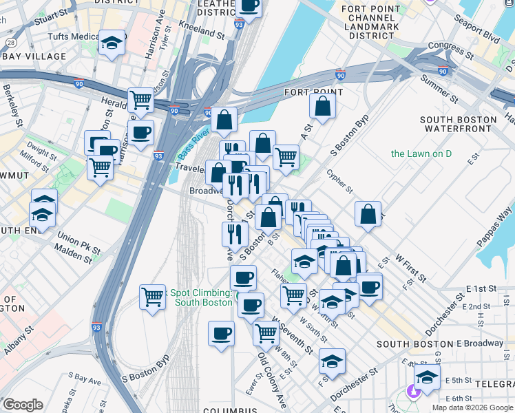 map of restaurants, bars, coffee shops, grocery stores, and more near W Broadway & A St in Boston