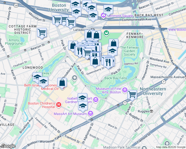 map of restaurants, bars, coffee shops, grocery stores, and more near 100 Queensberry Street in Boston