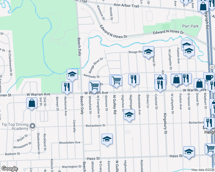 map of restaurants, bars, coffee shops, grocery stores, and more near 25415 Elon Drive in Dearborn Heights