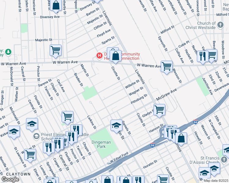 map of restaurants, bars, coffee shops, grocery stores, and more near 6574 Willette St in Detroit