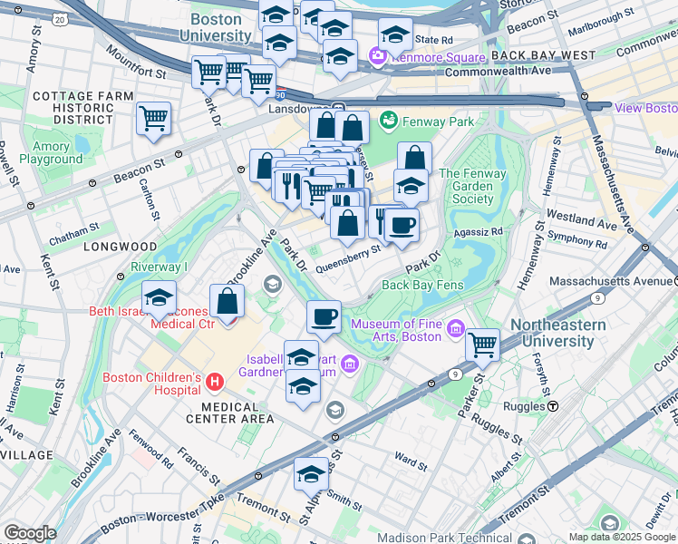 map of restaurants, bars, coffee shops, grocery stores, and more near 105 Queensberry Street in Boston