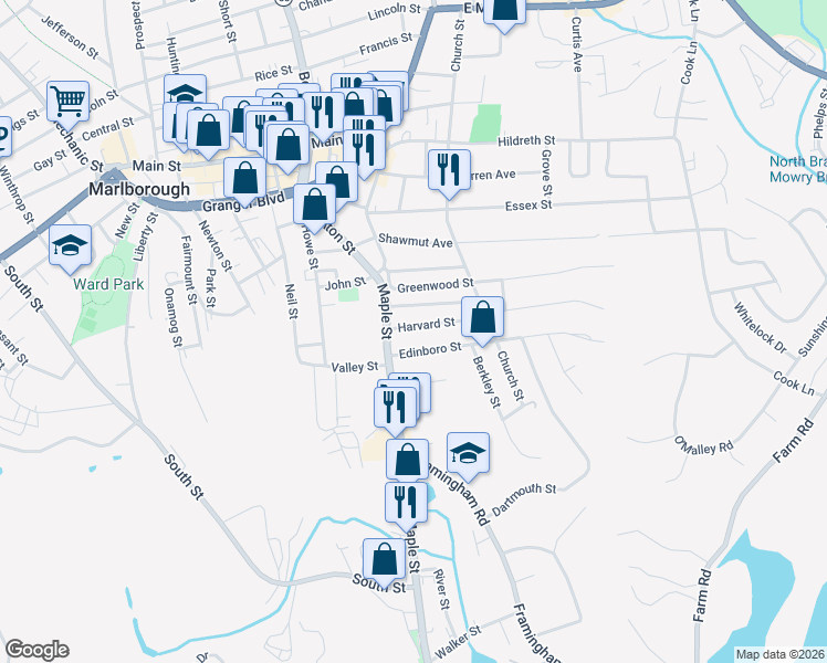 map of restaurants, bars, coffee shops, grocery stores, and more near 13 Harvard Street in Marlborough