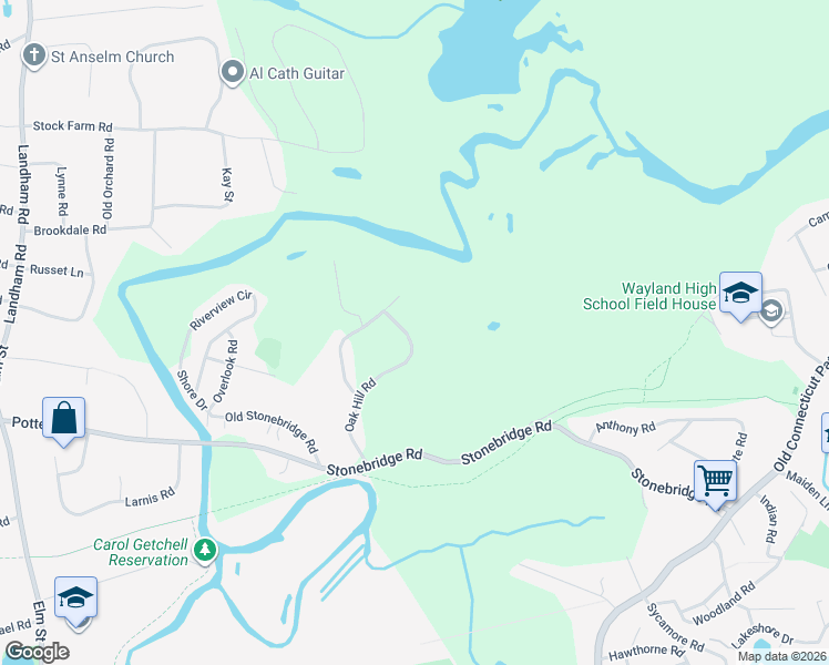 map of restaurants, bars, coffee shops, grocery stores, and more near 34 Oak Hill Road in Wayland