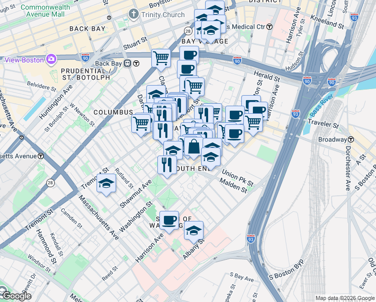 map of restaurants, bars, coffee shops, grocery stores, and more near 7 Upton Street in Boston