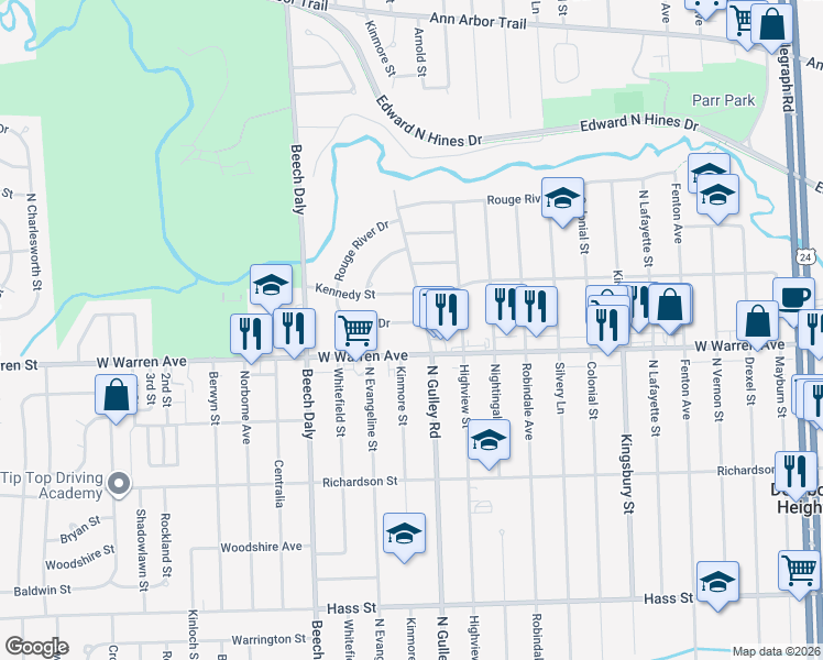 map of restaurants, bars, coffee shops, grocery stores, and more near 25415 Elon Drive in Dearborn Heights