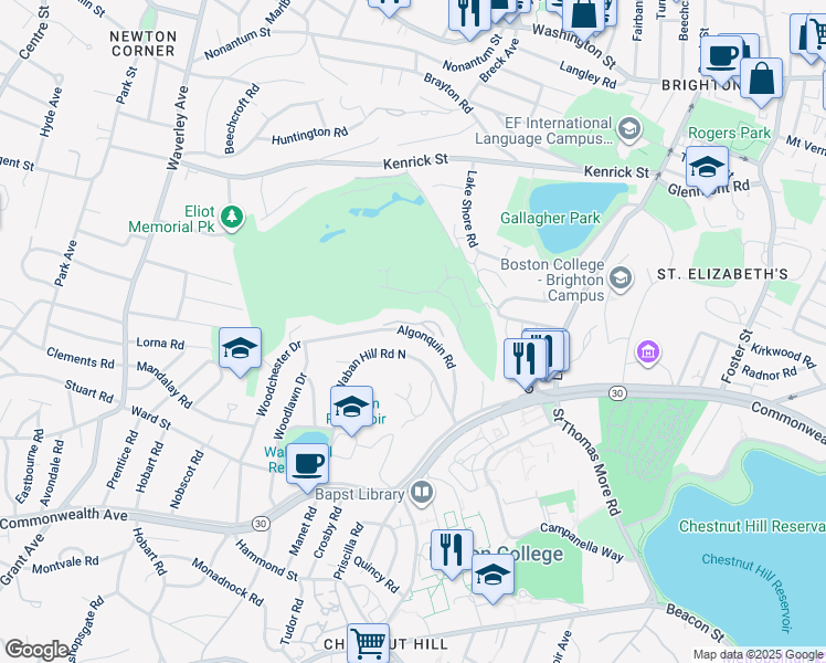 map of restaurants, bars, coffee shops, grocery stores, and more near Algonquin Road in Newton