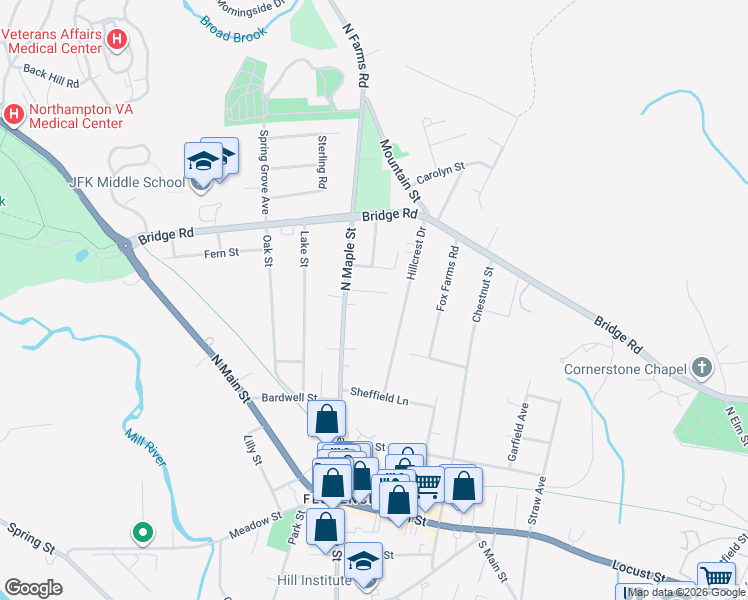 map of restaurants, bars, coffee shops, grocery stores, and more near 23 Powell Street in Northampton