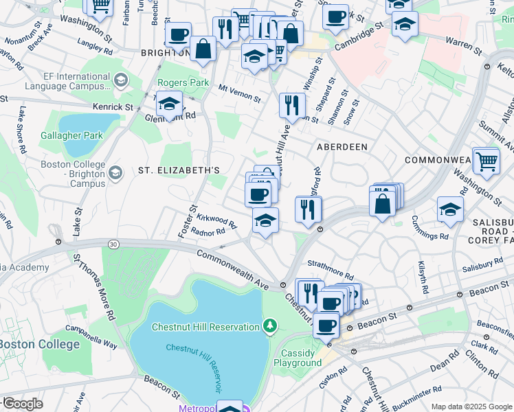 map of restaurants, bars, coffee shops, grocery stores, and more near 25 Embassy Road in Boston