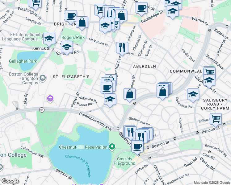 map of restaurants, bars, coffee shops, grocery stores, and more near 150 Chestnut Hill Avenue in Boston