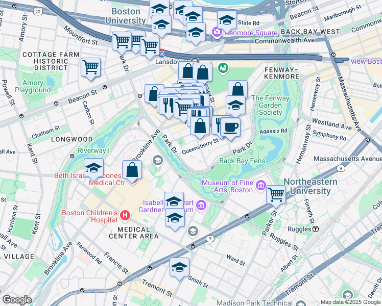 map of restaurants, bars, coffee shops, grocery stores, and more near 104 Queensberry Street in Boston