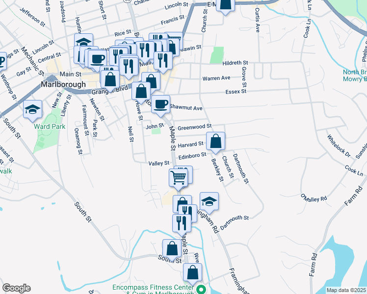 map of restaurants, bars, coffee shops, grocery stores, and more near 13 Harvard Street in Marlborough