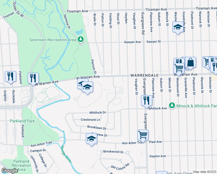 map of restaurants, bars, coffee shops, grocery stores, and more near 20601 West Warren Avenue in Dearborn Heights