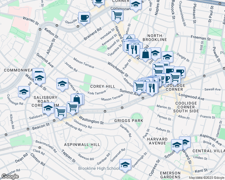 map of restaurants, bars, coffee shops, grocery stores, and more near 90 Summit Avenue in Brookline